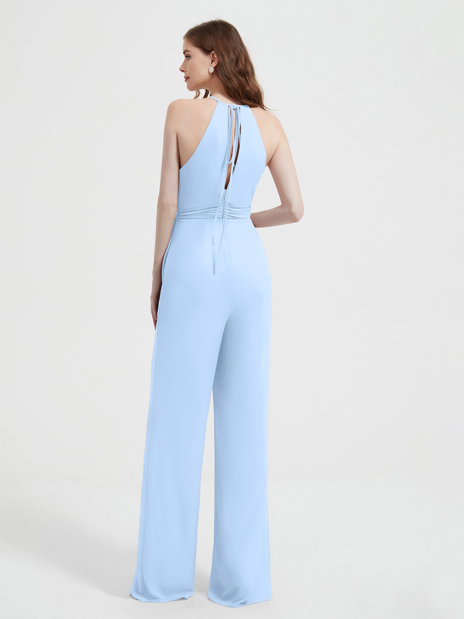 Halter Neckline Sleeveless Chiffon Pleated Jumpsuit Sky Blue